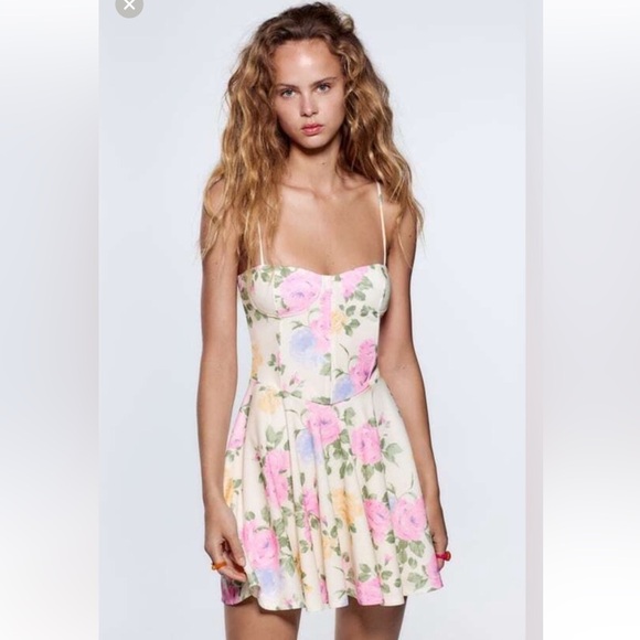 Zara Floral Mini Corset Drop Waist Dress in Cream and Pink - Picture 1 of 5